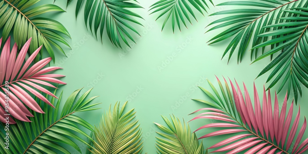 Tropical motif with palm leaves in shades of green and pink on a soft green background, perfect for vibrant decor, Tropical Tropical motif with palm leaves in shades of green and pink on a soft green background, perfect for vibrant decor, Tropical