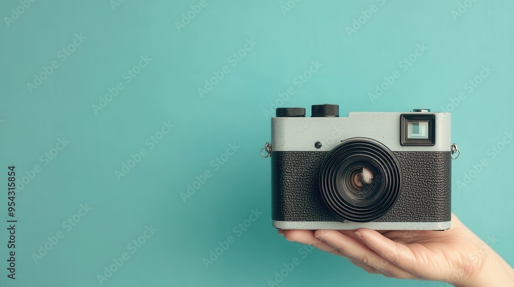 A person is holding a camera with a black strap A person is holding a camera with a black strap