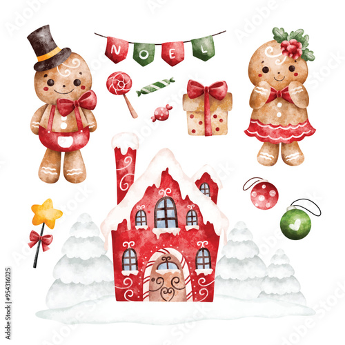 Watercolor Illustration Set of Gingerbread and Christmas Ornaments
