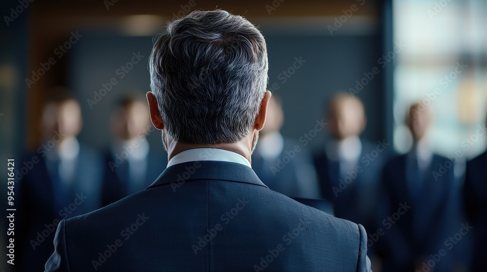A man in a suit is standing in front of a group of people A man in a suit is standing in front of a group of people