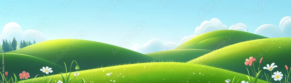 Summer Meadow Landscape with Green Hills and White Flowers Summer Meadow Landscape with Green Hills and White Flowers