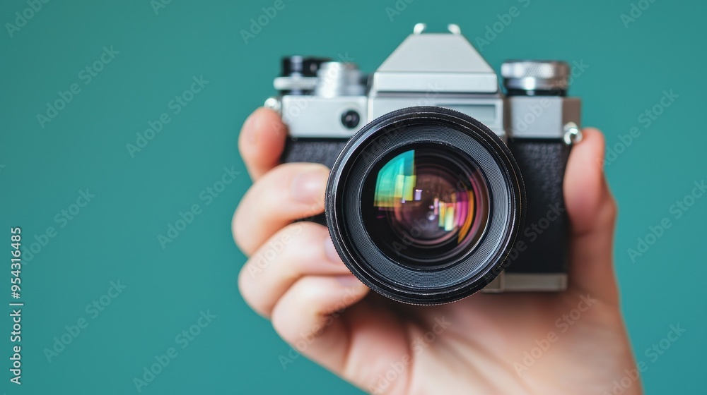 A person is holding a camera with a black lens A person is holding a camera with a black lens