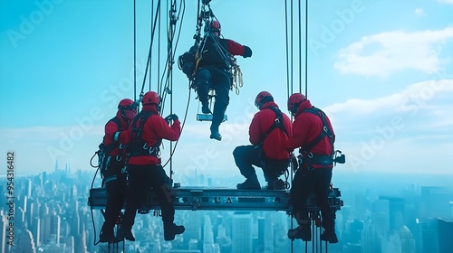 Stuntman Leaping from High Platform with Crew Overseeing Safety photo