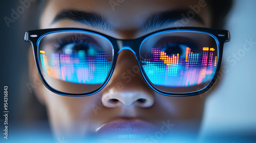 Wallpaper Mural Closeup of a person analyzing data on a tablet, charts and graphs reflecting in their glasses, symbolizing assessment leading to a clear result Torontodigital.ca