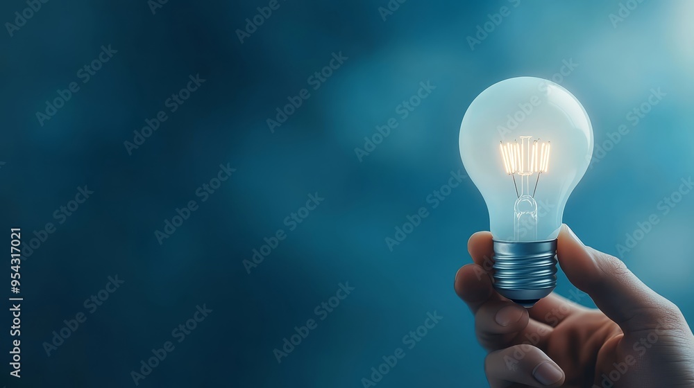 Hand Holding Light Bulb with Blue Background Hand Holding Light Bulb with Blue Background
