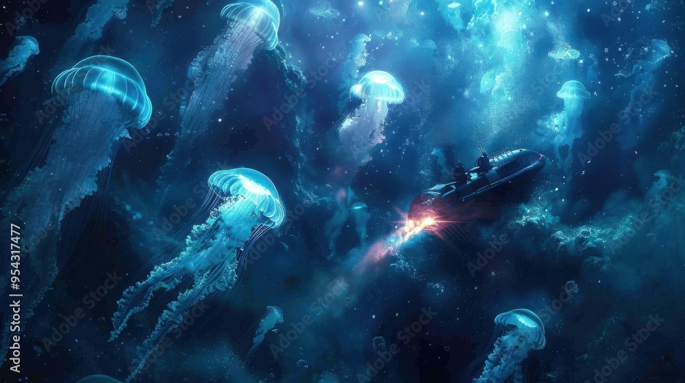 A deep-sea exploration submersible gliding through dark waters, surrounded by ethereal jellyfish that illuminate the depths with their gentle glow A deep-sea exploration submersible gliding through dark waters, surrounded by ethereal jellyfish that illuminate the depths with their gentle glow