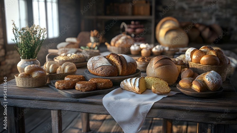 A rustic wooden table featuring 3D-rendered organic bread and pastries in a warm bakery setting A rustic wooden table featuring 3D-rendered organic bread and pastries in a warm bakery setting