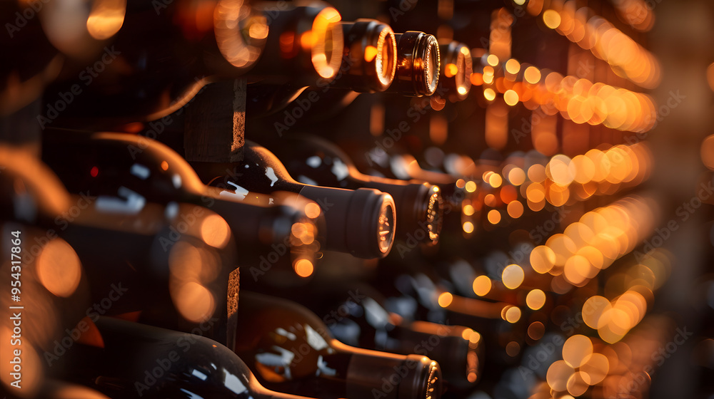 A close-up image of wine bottles neatly arranged on racks in a cellar, highlighted by warm lighting, creating a cozy and inviting atmosphere.