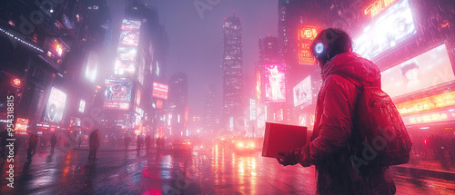 A lone figure stands in a vibrant, foggy cityscape illuminated by neon lights, evoking a sense of mystery and urban solitude.