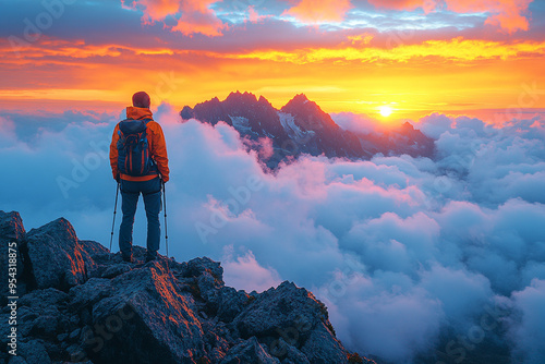 A lone hiker stands atop a rocky peak, gazing at a breathtaking sunset amidst clouds, embodying adventure and tranquility.