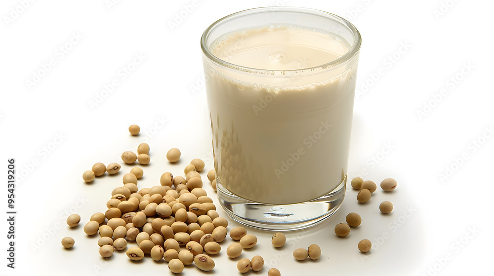 A glass of fresh soy milk is placed next to a scattered pile of soybeans on a clean white background, representing a healthy and dairy-free beverage option. A glass of fresh soy milk is placed next to a scattered pile of soybeans on a clean white background, representing a healthy and dairy-free beverage option.