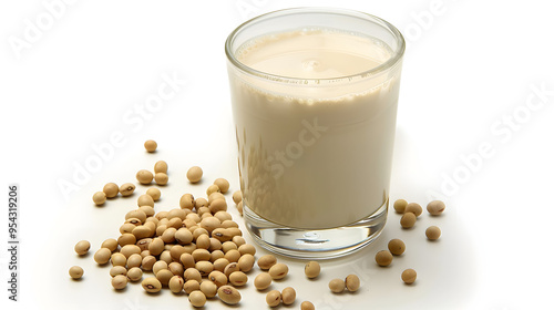 A glass of fresh soy milk is placed next to a scattered pile of soybeans on a clean white background, representing a healthy and dairy-free beverage option.