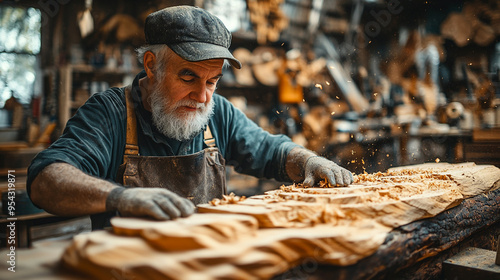 A skilled craftsman meticulously carving wood in a rustic workshop, showcasing traditional artistry and craftsmanship.