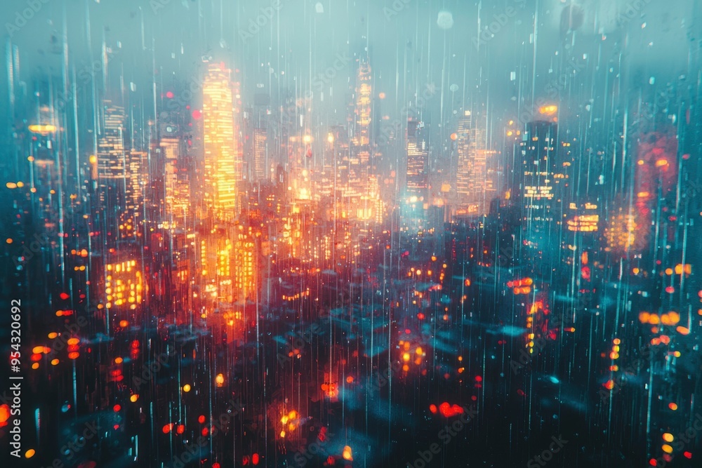 Rain-Streaked View of a Cityscape at Night with Blurred Lights Rain-Streaked View of a Cityscape at Night with Blurred Lights
