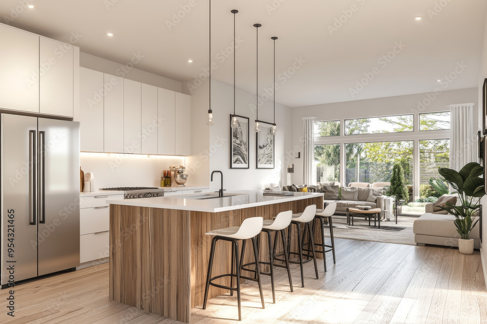 3D rendering of a modern open-concept kitchen with white island and barstools, wood grain color accents, light wooden floor, and living room in the background with daylight through windows. 3D rendering of a modern open-concept kitchen with white island and barstools, wood grain color accents, light wooden floor, and living room in the background with daylight through windows.