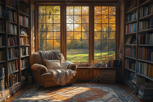 Cozy reading nook with a comfortable chair, surrounded by books, and a view of autumn trees through large windows. photo