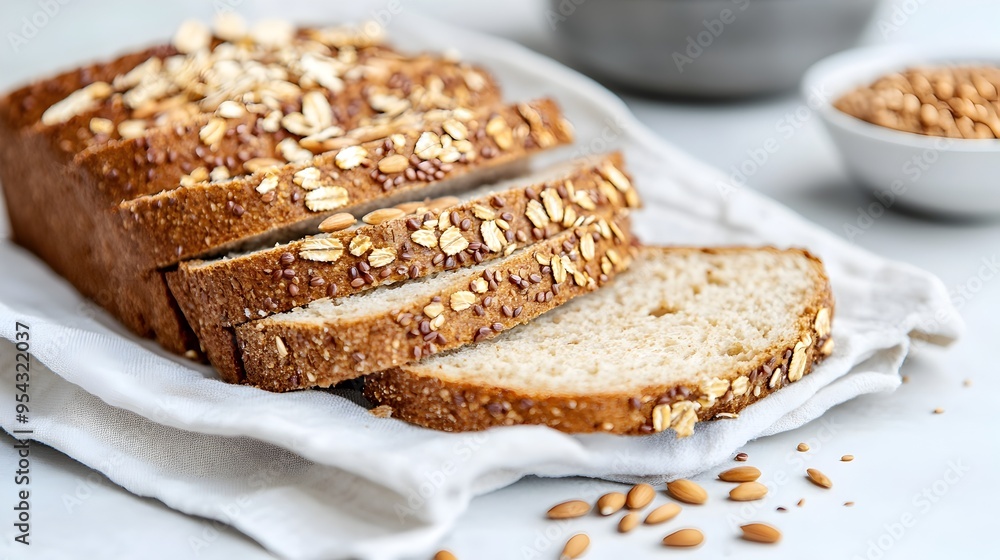 Elegantly Arranged Whole Wheat Bread Slices Topped with Grains on Linen Cloth Elegantly Arranged Whole Wheat Bread Slices Topped with Grains on Linen Cloth