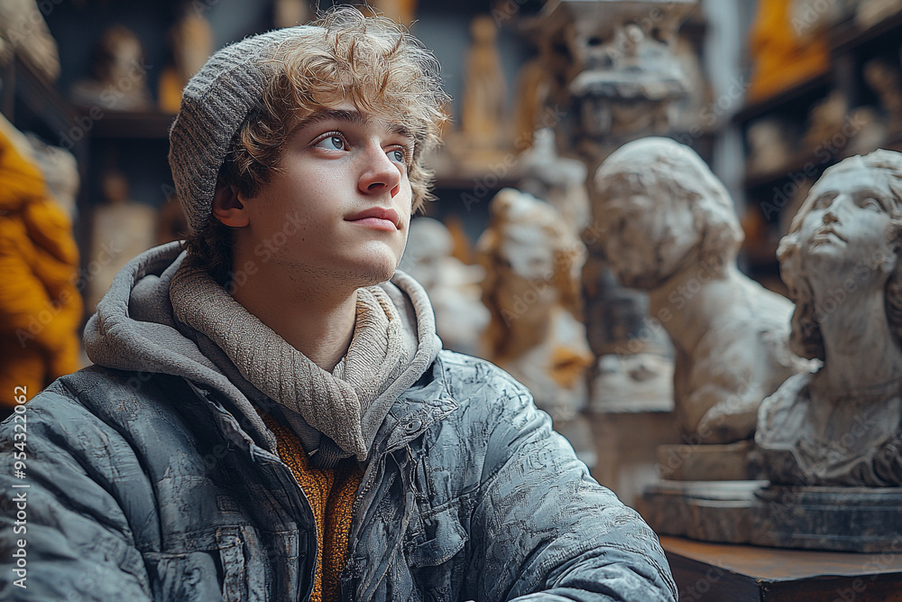 Thoughtful young man surrounded by artistic sculptures, capturing a moment of inspiration and creativity in a unique setting. Thoughtful young man surrounded by artistic sculptures, capturing a moment of inspiration and creativity in a unique setting.