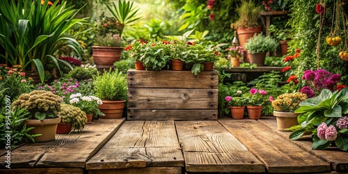 A rustic garden decoration featuring aged wood and vintage flooring surrounded by lush plants and flowers