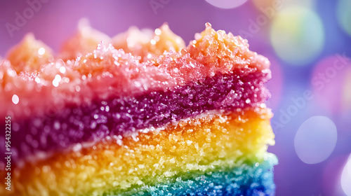 Close-up of a Rainbow Cake slice, showcasing the bright, colorful layers inside photo