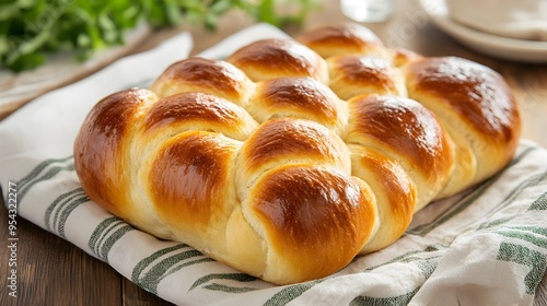 Freshly Baked Golden Braided Challah Bread for Jewish photo