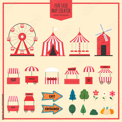 Fun fair, amusement park and carnival stickers. Ferris wheel, circus tent, carousel, street food stalls and other elements. Flat vector illustration