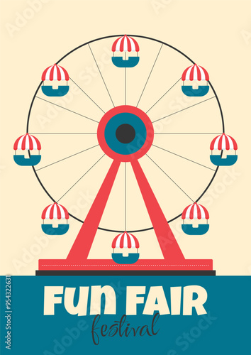 Fun fair festival banner or poster. Ferris wheel in flat style. Vector illustration
