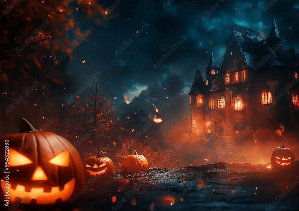 Halloween background with pumpkins, candles, castle sence. Spooky dark night scene. Halloween concept for design, splash art Halloween background with pumpkins, candles, castle sence. Spooky dark night scene. Halloween concept for design, splash art