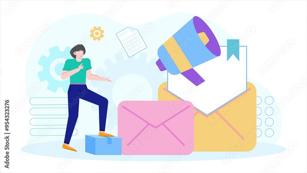 a woman character with envelope letter and megaphone illustration business animated video a woman character with envelope letter and megaphone illustration business animated video