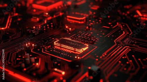 Red Circuit Board with Glowing Lines