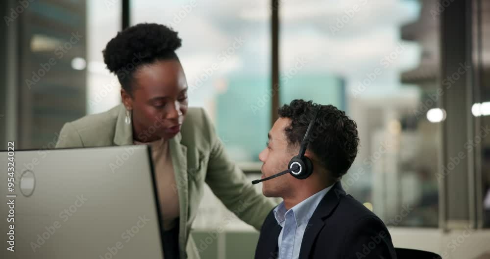Call center, business man and headset with computer for research, planning and customer service in office. Microphone, agent and colleague with digital for helping, question and advice of mentor Call center, business man and headset with computer for research, planning and customer service in office. Microphone, agent and colleague with digital for helping, question and advice of mentor