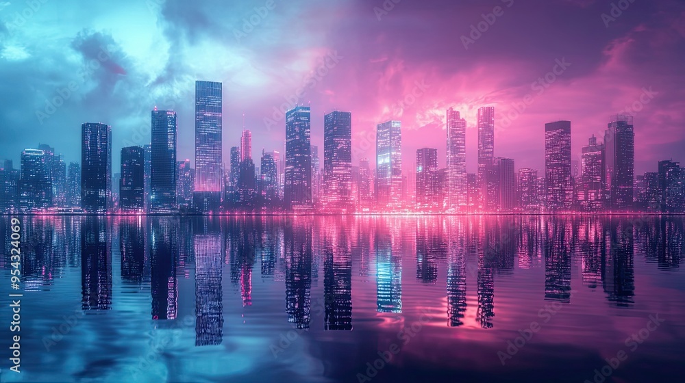 Obraz premium Neon Cityscape Reflected in Calm Water
