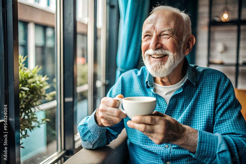 Happy senior man enjoying coffee by the window. Happy senior man enjoying coffee by the window.