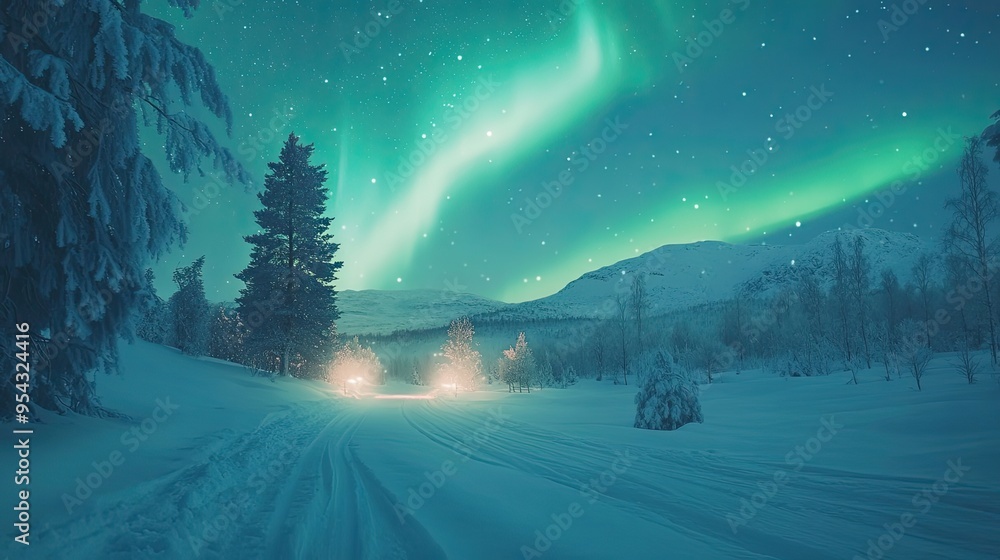 Snowy Landscape with Aurora Borealis and a Road Under a Starry Sky Snowy Landscape with Aurora Borealis and a Road Under a Starry Sky