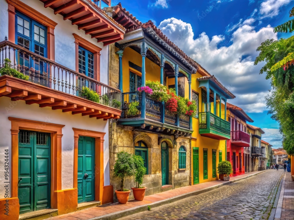 Obraz premium Vibrant colorful rowhouses with ornate balconies and stucco facades line a cobblestone street in a quaint historic district in South America's colonial past.