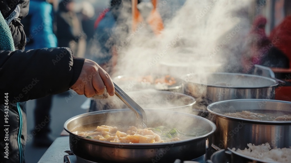 Street Food Vendor Preparing a Steaming Dish Street Food Vendor Preparing a Steaming Dish