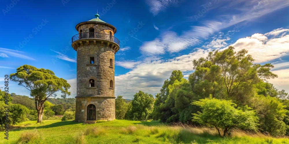 Historic military tower surrounded by lush greenery and blue skies Historic military tower surrounded by lush greenery and blue skies