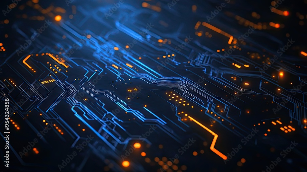 Abstract Circuit Board with Glowing Blue and Orange Lines Abstract Circuit Board with Glowing Blue and Orange Lines