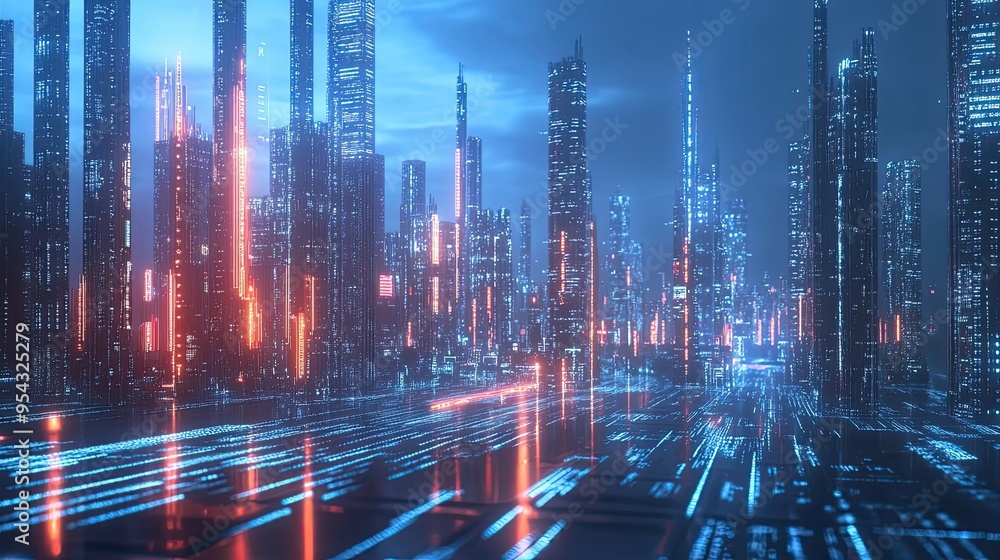 Fototapeta premium Futuristic Cityscape with Illuminated Towers and Digital Code Reflections