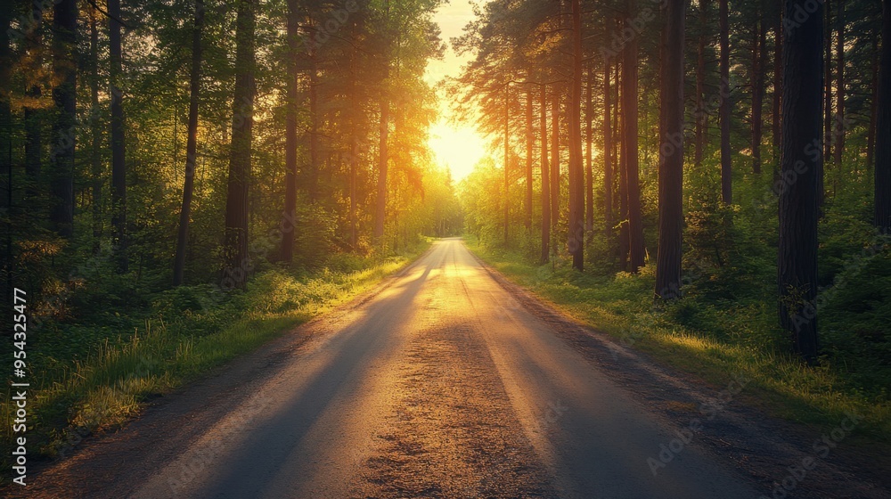 Obraz premium Sunlit Forest Path Leading to Golden Sunset