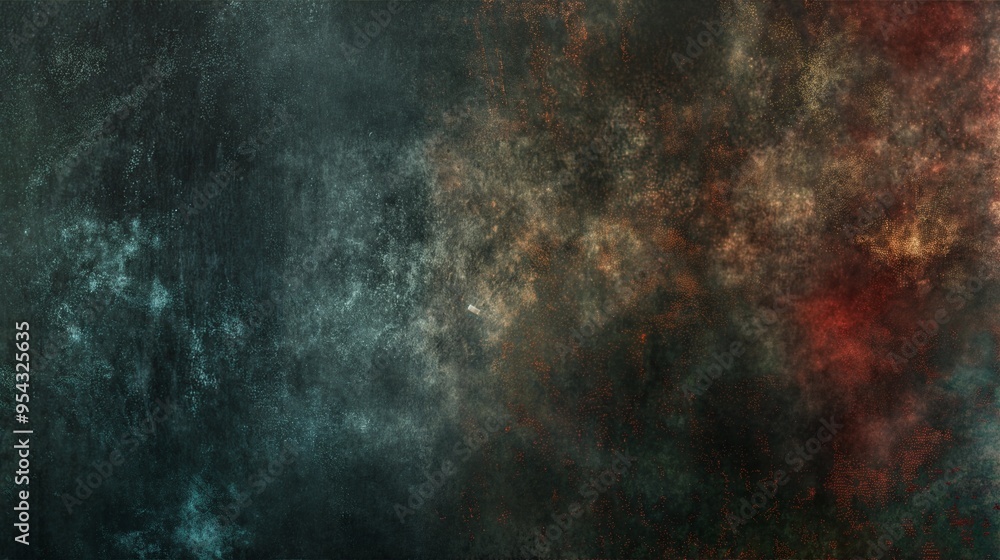 Fototapeta premium Grunge textured wall with abstract red and green patterns, featuring a distressed, aged surface