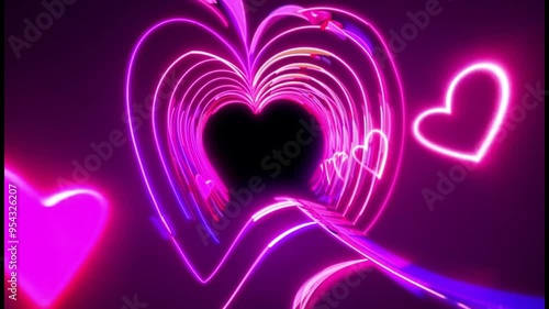 Geometric pink glowing neon hearts tunnel, 4k looping background