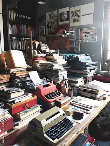 Illustration of A trendy home office space transformed by cluttercore, featuring an array of vintage typewriters, piles of inspirational magazines, and a mix of modern and antique decor. Ai Generate.
