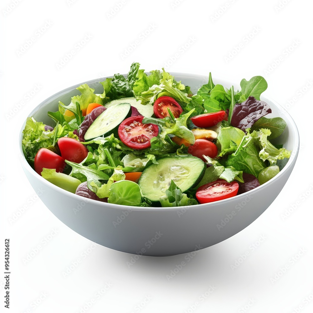 Fresh Green Salad with Tomatoes and Cucumber in a White Bowl. Fresh Green Salad with Tomatoes and Cucumber in a White Bowl.