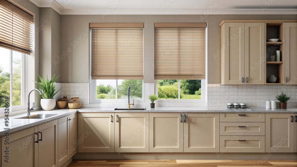Fototapeta premium Beige blackout roller blind in stylish modern kitchen with shutters on plastic window , Beige, blackout