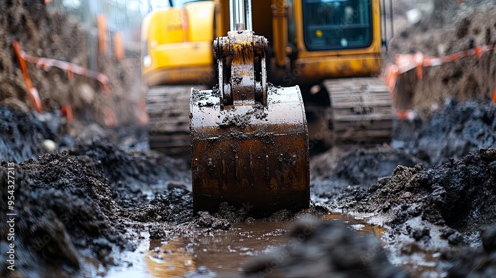 Excavator Digging in Mud: Construction Site Action Excavator Digging in Mud: Construction Site Action