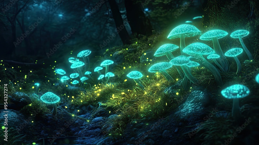Fototapeta premium Glowing Blue Mushrooms in a Dark Forest