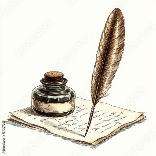 Inkwell & Quill: A classic, vintage-inspired image of a quill pen resting on a sheet of parchment, alongside an inkwell filled with dark ink. A timeless symbol of writing, creativity, and the beauty o photo