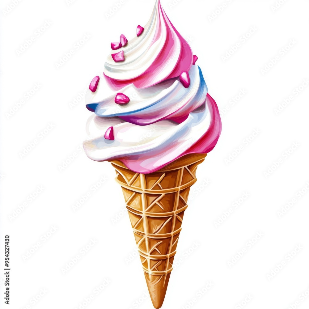 Sweet Summer Treat: A vibrant, digital painting of a delicious pink and white swirl ice cream cone with sprinkles, perfect for summery desserts and sweet cravings. Sweet Summer Treat: A vibrant, digital painting of a delicious pink and white swirl ice cream cone with sprinkles, perfect for summery desserts and sweet cravings.