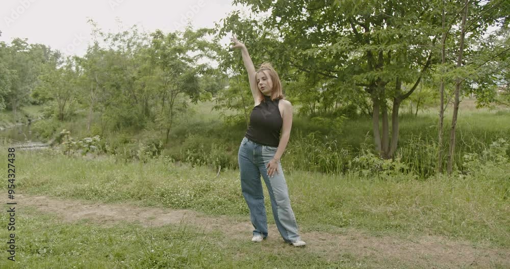 Carefree young woman dances in a sunny park, enjoying the outdoors and expressing herself through movement. Carefree young woman dances in a sunny park, enjoying the outdoors and expressing herself through movement.
